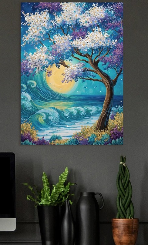 Ocean Tree Painting with Moon — metal poster wall art by Lineer